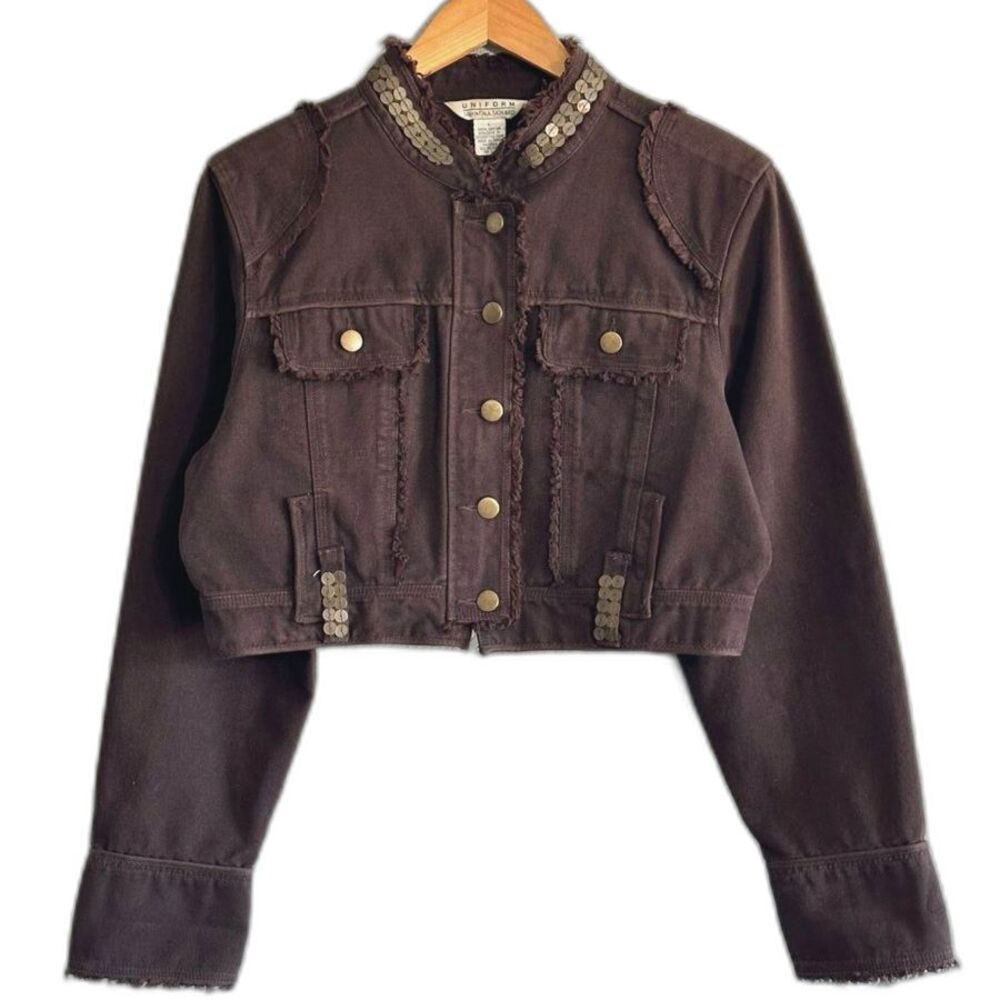 JohnPaulRichard Crop Jacket Sz L Brown Denim ButtonUp Long Sleeve Sequin Vintage